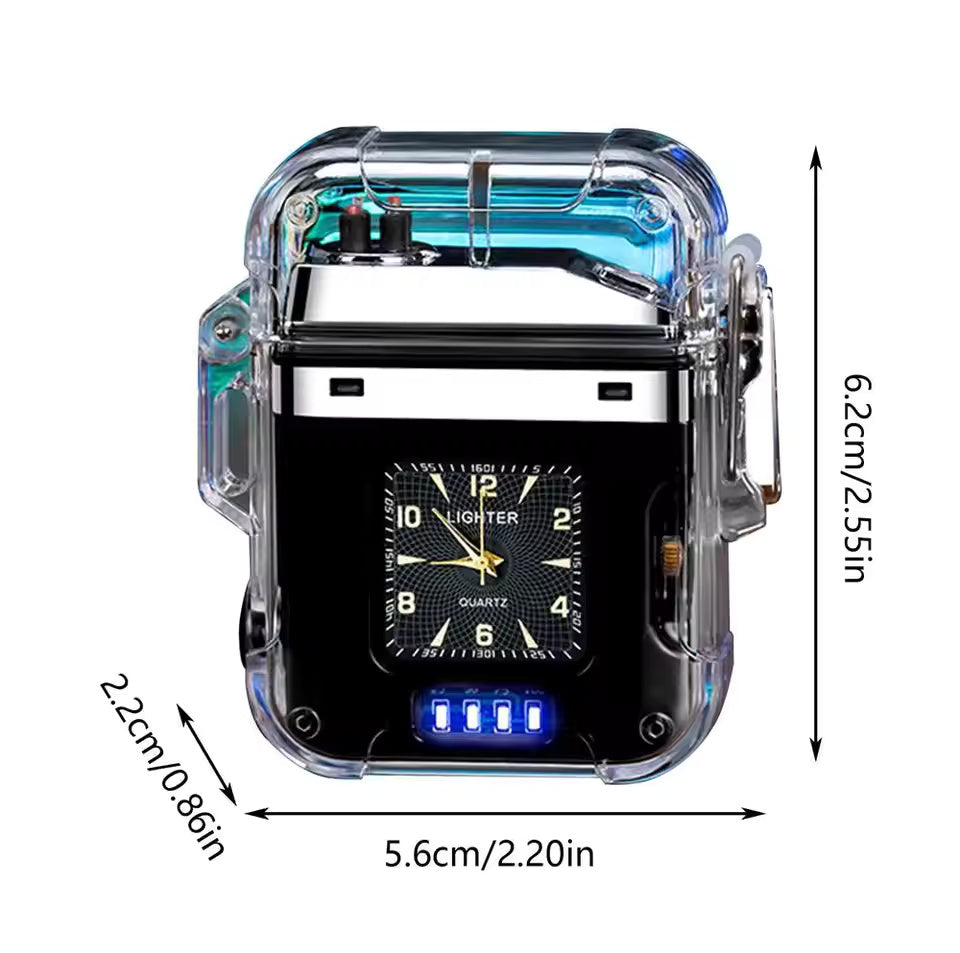 Dual Arc Plasma Waterproof Lighter Watch Transparent Rechargeable USB Flashlight Windproof Lighter 