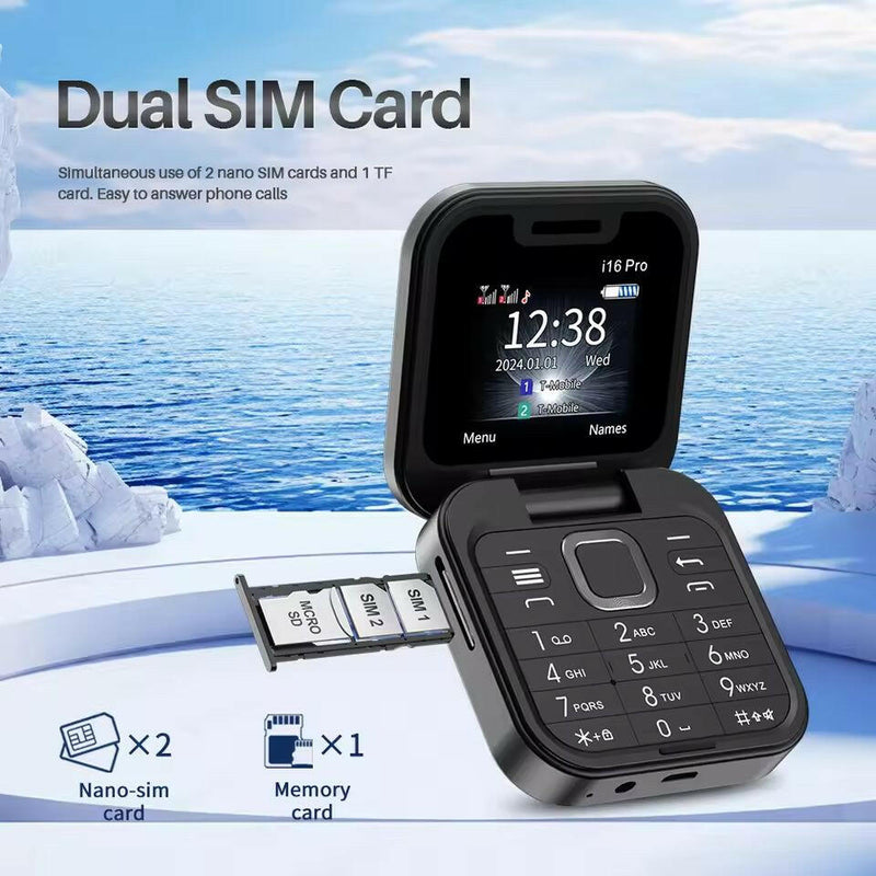 I16Pro Compact Foldable Mobile Phone with Auto Call Recording, Speed Dial, FM Radio, Dual SIM GSM Unlocked.
