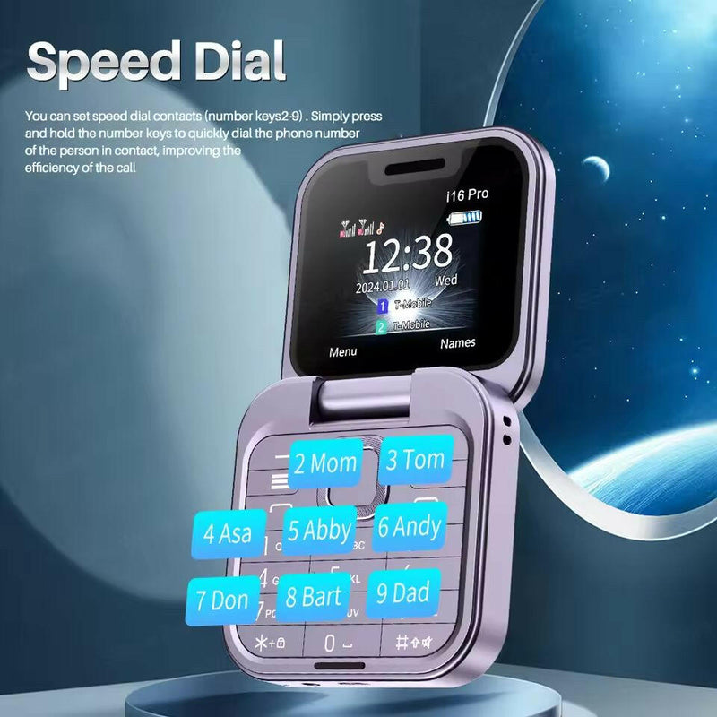 I16Pro Compact Foldable Mobile Phone with Auto Call Recording, Speed Dial, FM Radio, Dual SIM GSM Unlocked.