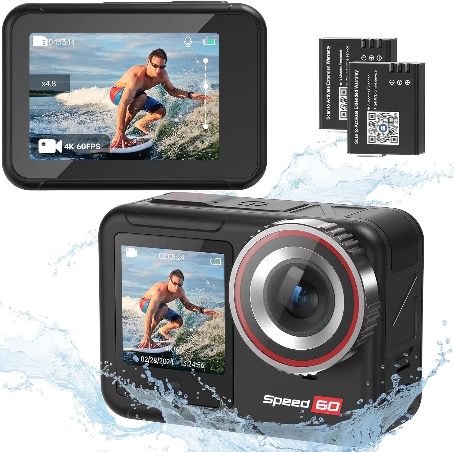 Speed 60 Waterproof Underwater Camera - 4K 60FPS Action Camera with 2.35-Inch Touch Screen, EIS Stabilization, HDR, 8X Zoom, and Dual 2150mAh Extended Battery Life, Submersible up to 33FT.