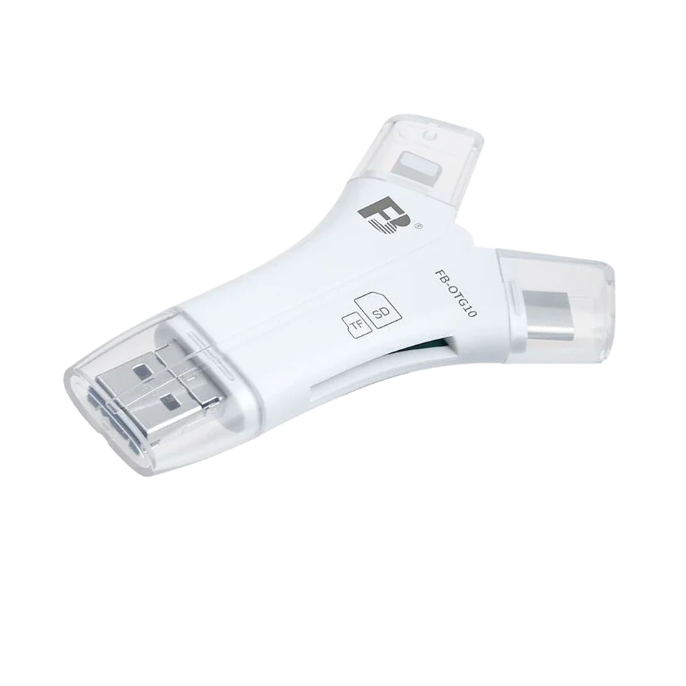 FB-OTG10 Y-Type Card Reader 4-In-1 Lightning Micro USB Type-C USB-A Port Supports TF SD Card for Data and Photo Transmission