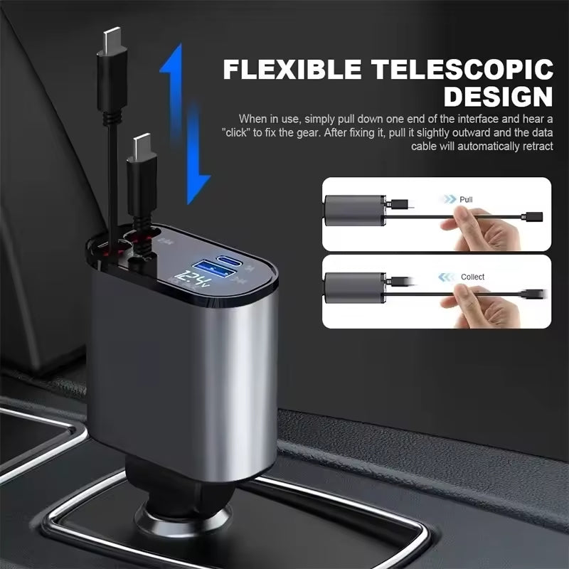 120W 4-in-1 Retractable Car Charger with USB Type-C Fast Charging for iPhone, Xiaomi, Huawei, and Samsung