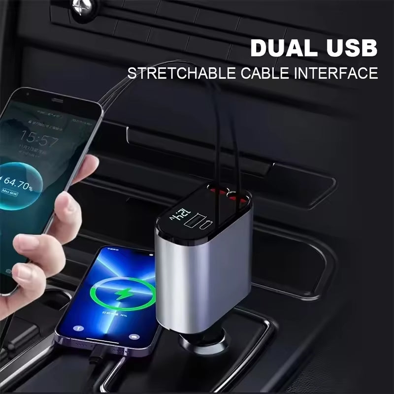 120W 4-in-1 Retractable Car Charger with USB Type-C Fast Charging for iPhone, Xiaomi, Huawei, and Samsung