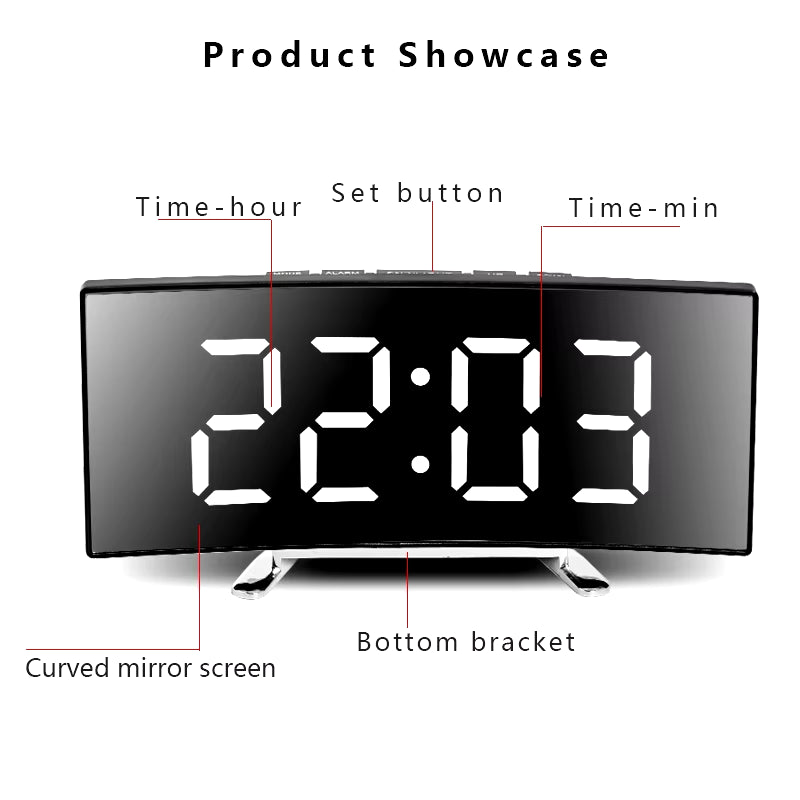 Creative Curved LED Alarm Clock with Dual-Purpose Mirror Design