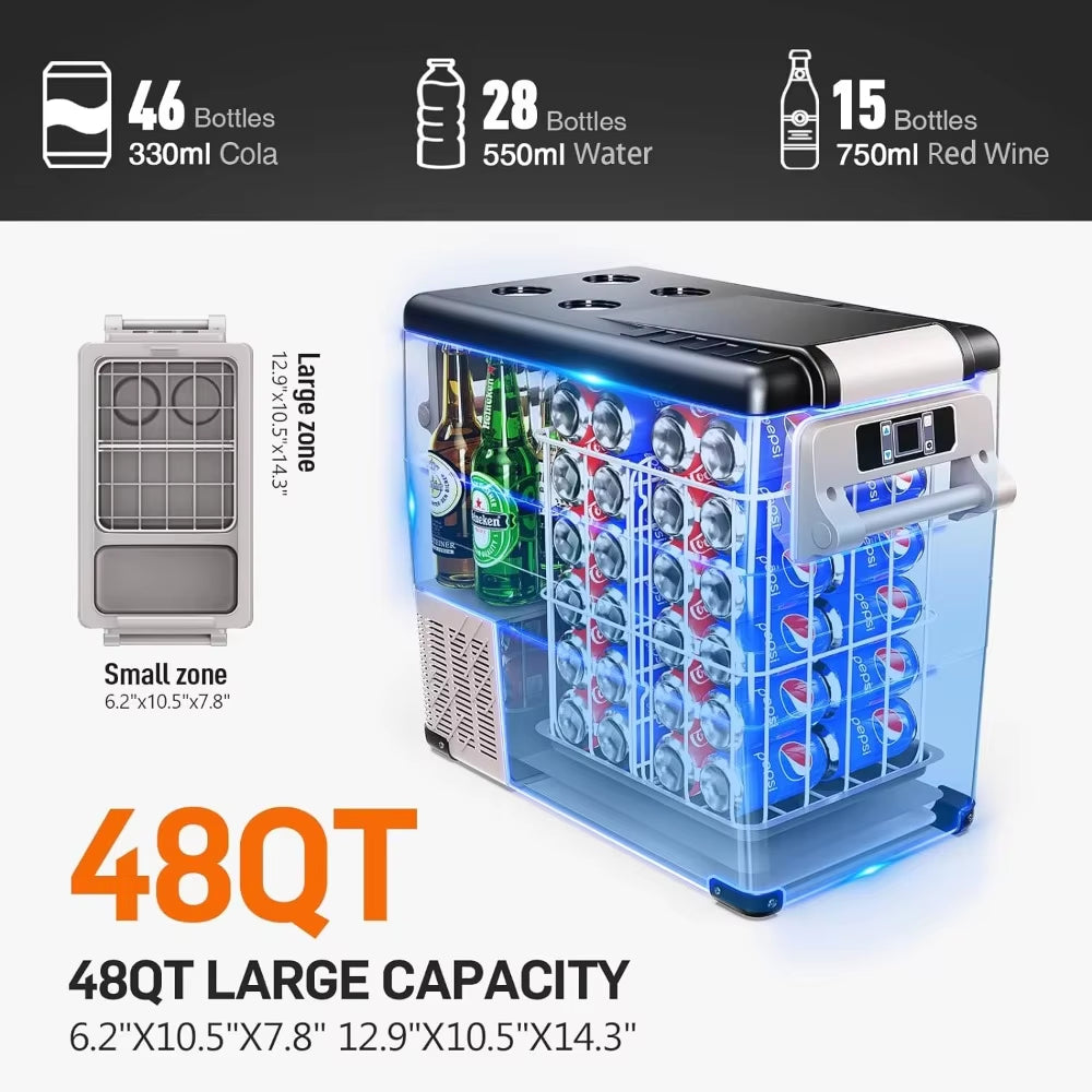 Electric Car Refrigerator with APP Control,  45L (48QT) 12V Portable Cooler for Camping, -20℃ to 20℃ (-4℉ to 68℉) Temperature Range