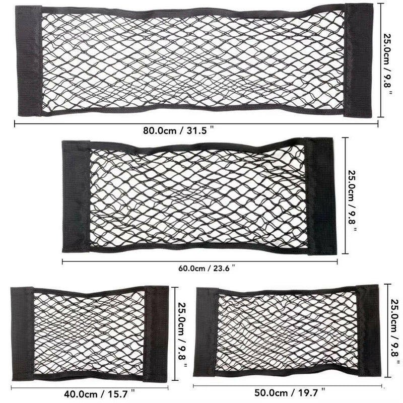 Car Back Seat Mesh Storage Organizer with Elastic String Net and Magic Sticker - Universal Trunk Pocket Cage.
