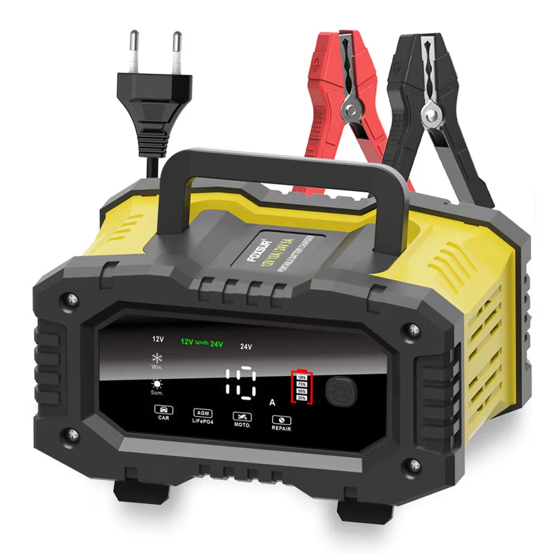 FOXSUR 20A/10A Smart Battery Charger for Car and Motorcycle - 12V/24V Compatible with Lithium, AGM, GEL, Lead-Acid, and Lifepo4 Batteries