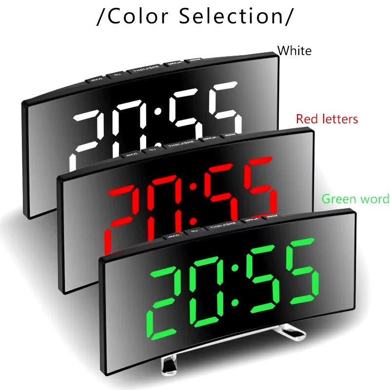 Creative Curved LED Alarm Clock with Dual-Purpose Mirror Design