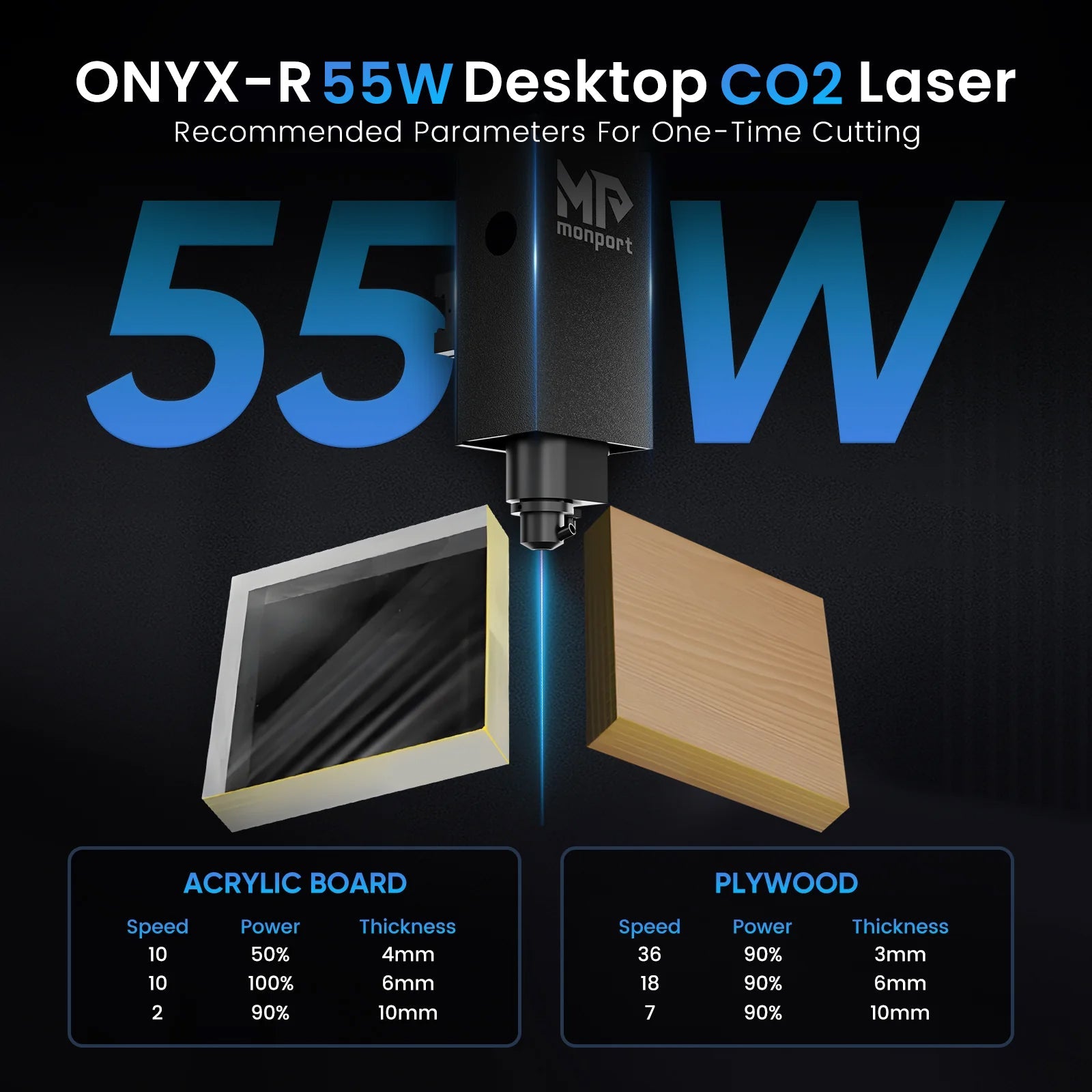 MONPORT ONYX 55W Desktop CO2 Laser Engraving Machine with Autofocus Feature