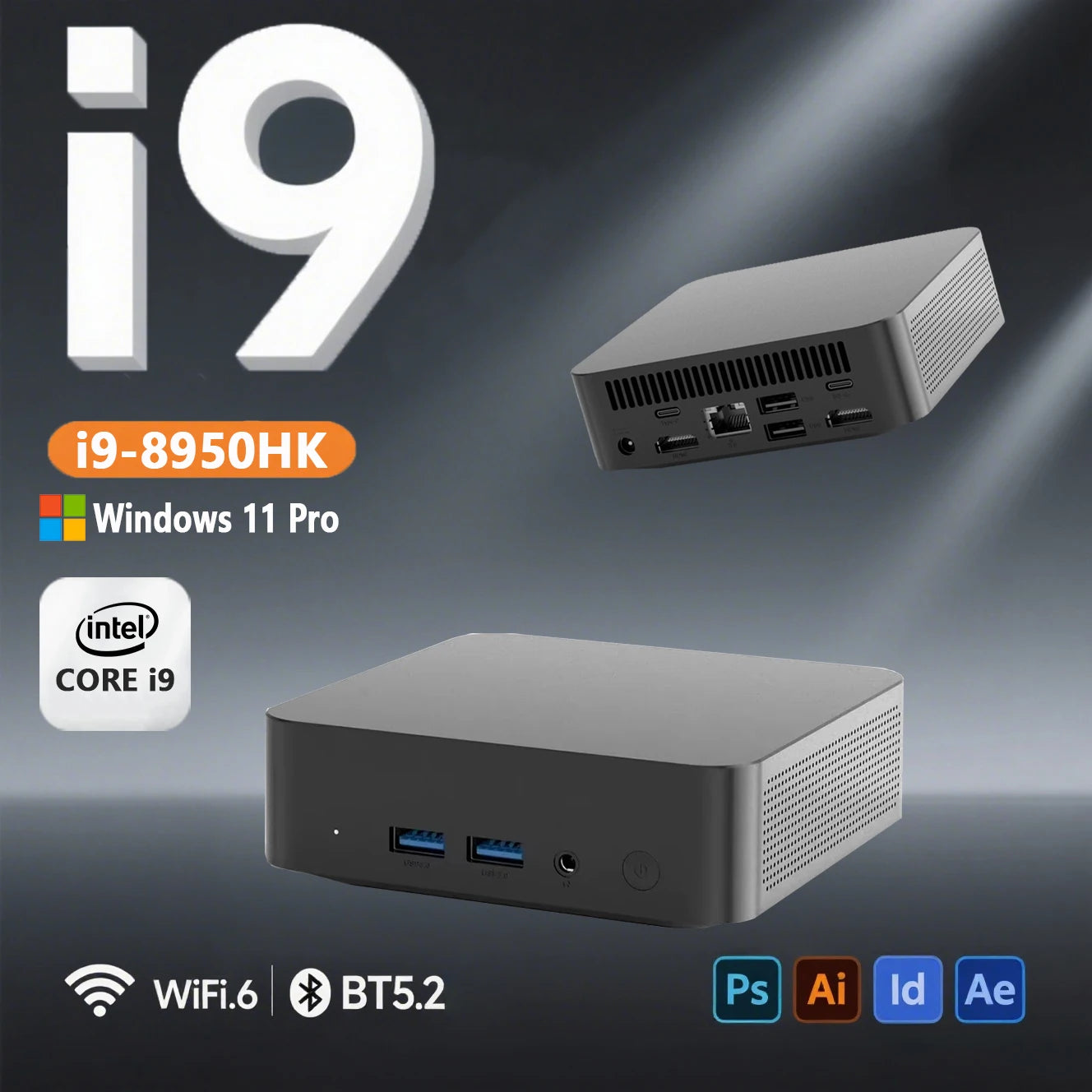 Intel Core i9-8950HK Mini PC with Windows 11, 16GB DDR4 RAM, 512GB + 1TB + 2TB SSD, Portable Gaming Desktop, WiFi 6, 4K Support