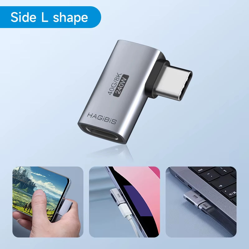 Hagibis 240W USB-C to USB-C Adapter, 40Gbps 8K 60Hz 90-Degree Converter, USB4 Compatible with Thunderbolt 4/3, MacBook, iPhone 16 Pro, and Tablets.