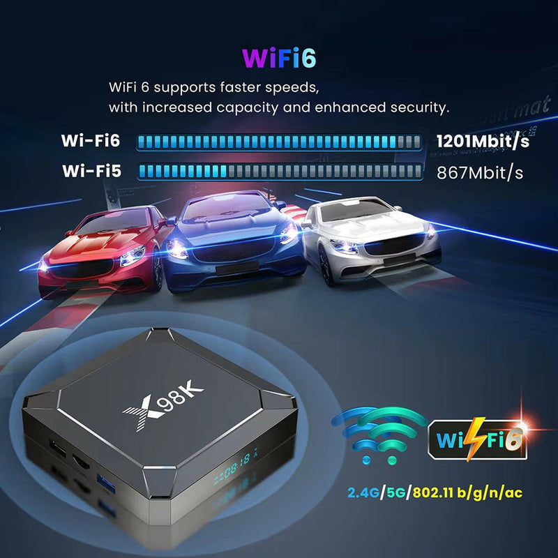 X98K Android 13 Smart TV Box with 8K Resolution, Dual Wi-Fi, and Bluetooth 5.0.