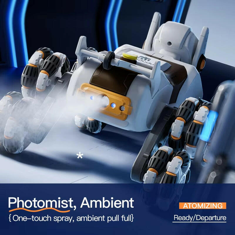 Intelligent Remote Control Robot Dog with Eight Wheels and Tail Spray Stunt Features - Four Skill Functions for Children.