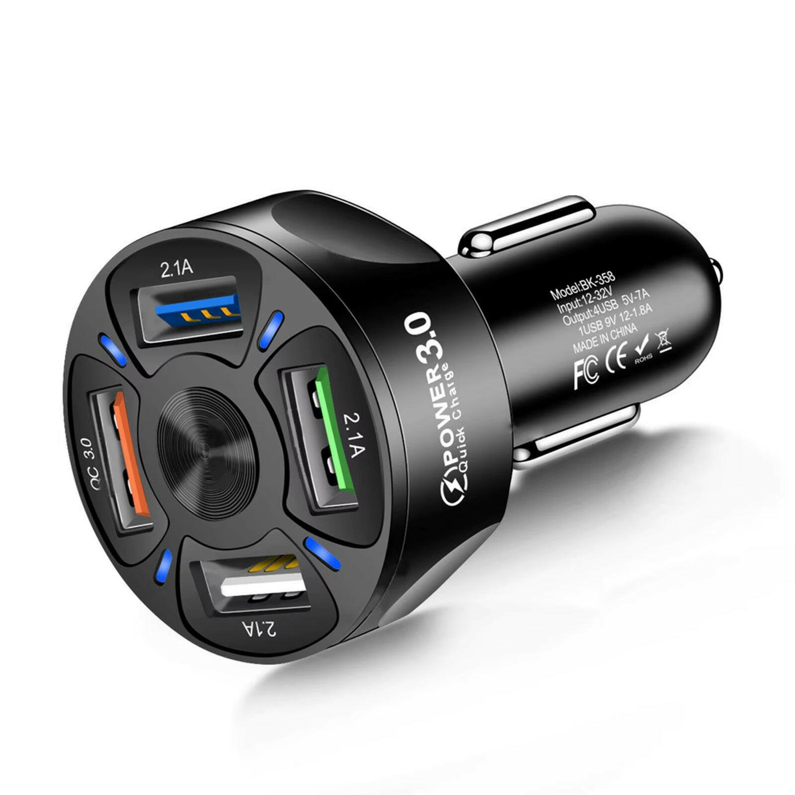Car Charger with 4 USB Ports, Fast Charging LED Display, and QC 3.0 Adapter.