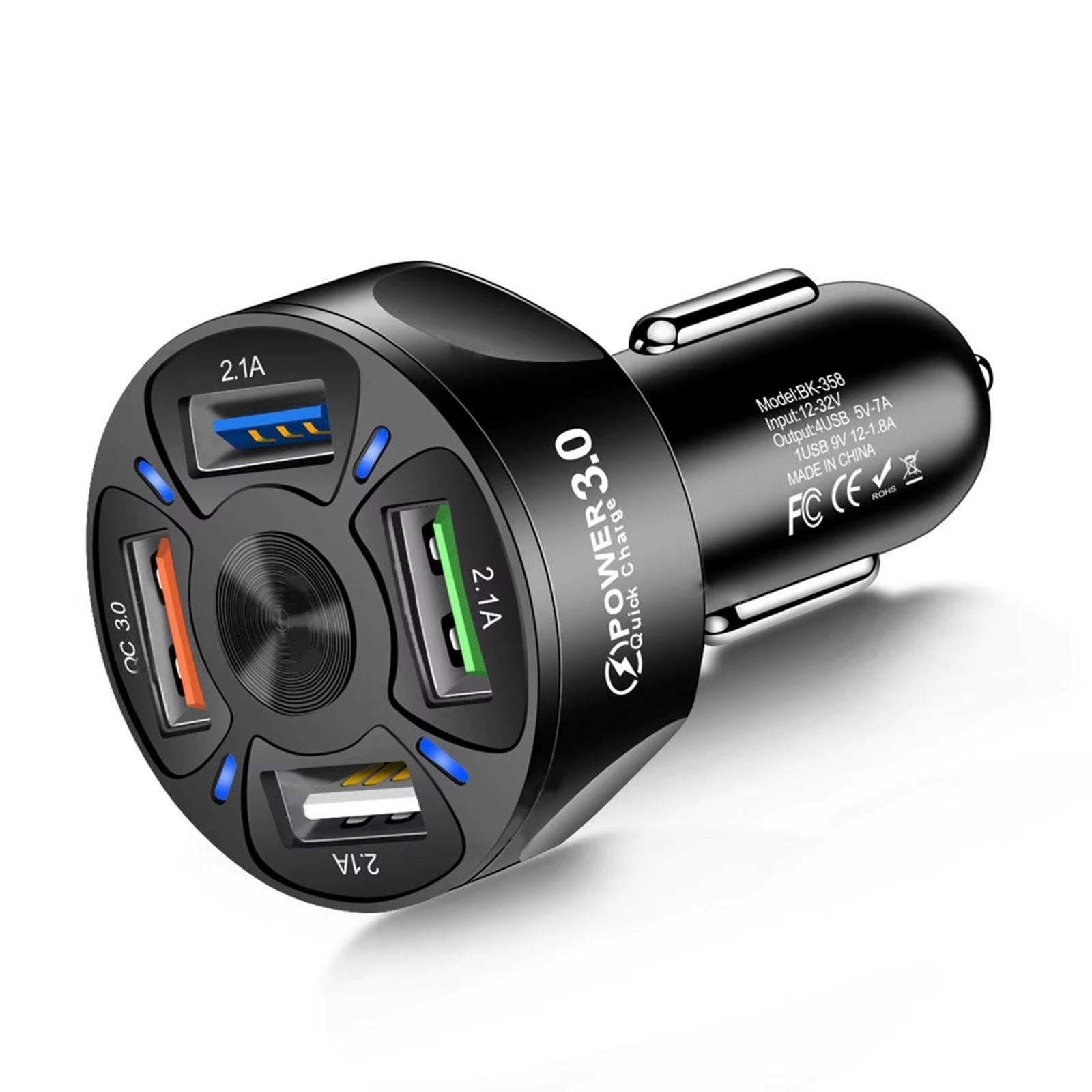 Car Charger with 4 USB Ports, Fast Charging LED Display, and QC 3.0 Adapter