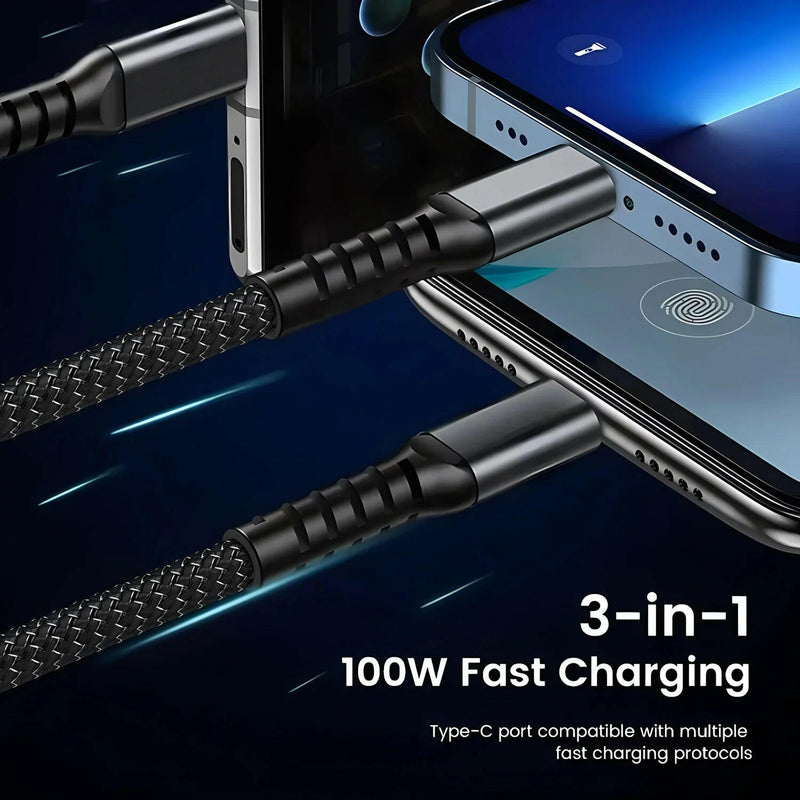 Transparent Luminous 3-in-1 Super Fast Charging Cable for iPhone 15/14/13 with Type-C and Micro USB Compatibility.