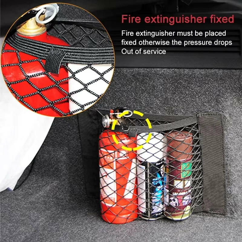 Car Back Seat Mesh Storage Organizer with Elastic String Net and Magic Sticker - Universal Trunk Pocket Cage.