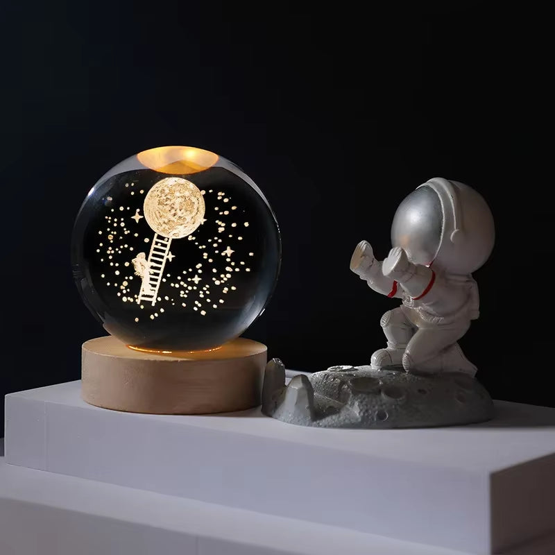 Illuminate Your Space with the 6/8Cm 3D Crystal Ball Planet Night Light – A Stunning Laser Engraved Moon Ladder Globe Perfect for Home Decor and Gifts.