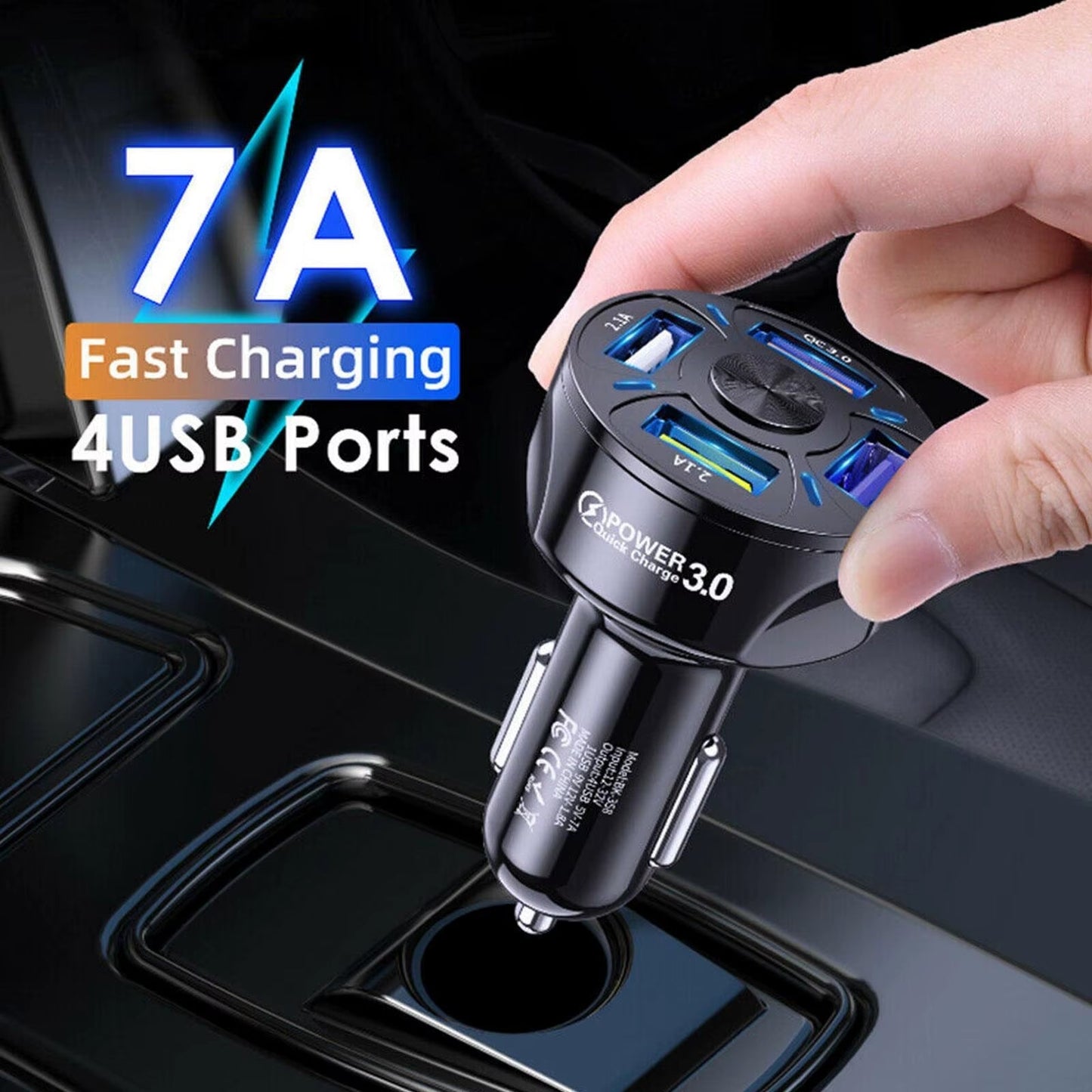 Car Charger with 4 USB Ports, Fast Charging LED Display, and QC 3.0 Adapter