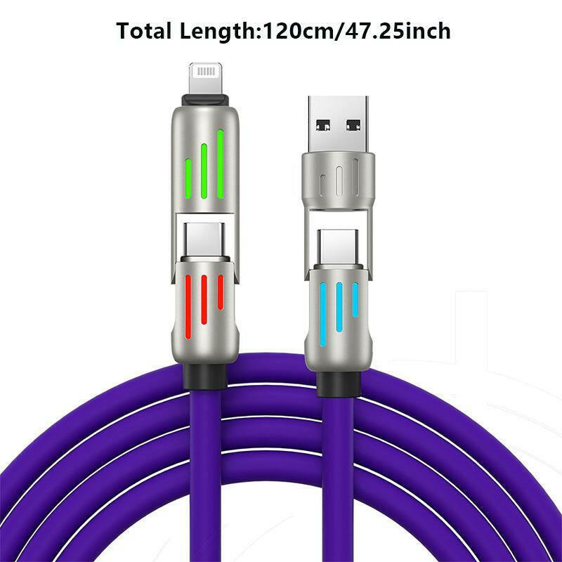 240W 4-in-1 USB-C Multi Charger Cable with Breathing Light, PD 5A Fast Charging and Data Sync for iPhone, Samsung, and Laptops.