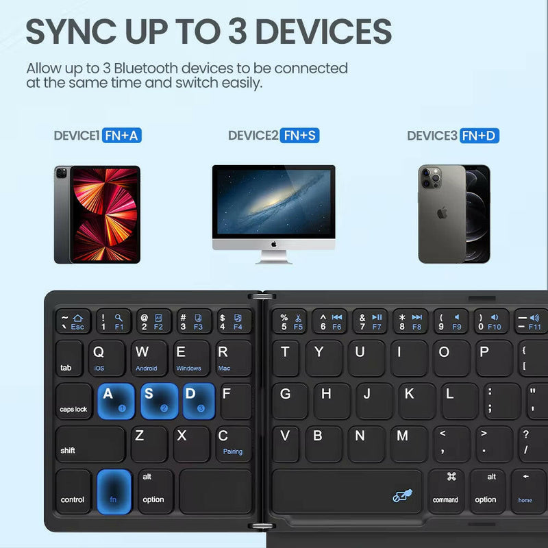 Portable Quadruple Folding Wireless Bluetooth Keyboard with Integrated Touchpad for Tablets and Smartphones across Windows, Android, and iOS Platforms.