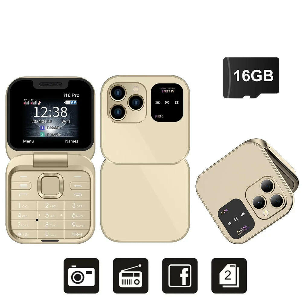 I16Pro Compact Foldable Mobile Phone with Auto Call Recording, Speed Dial, FM Radio, Dual SIM GSM Unlocked.