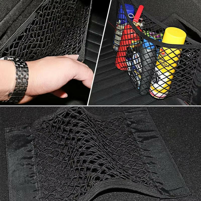 Car Back Seat Mesh Storage Organizer with Elastic String Net and Magic Sticker - Universal Trunk Pocket Cage.