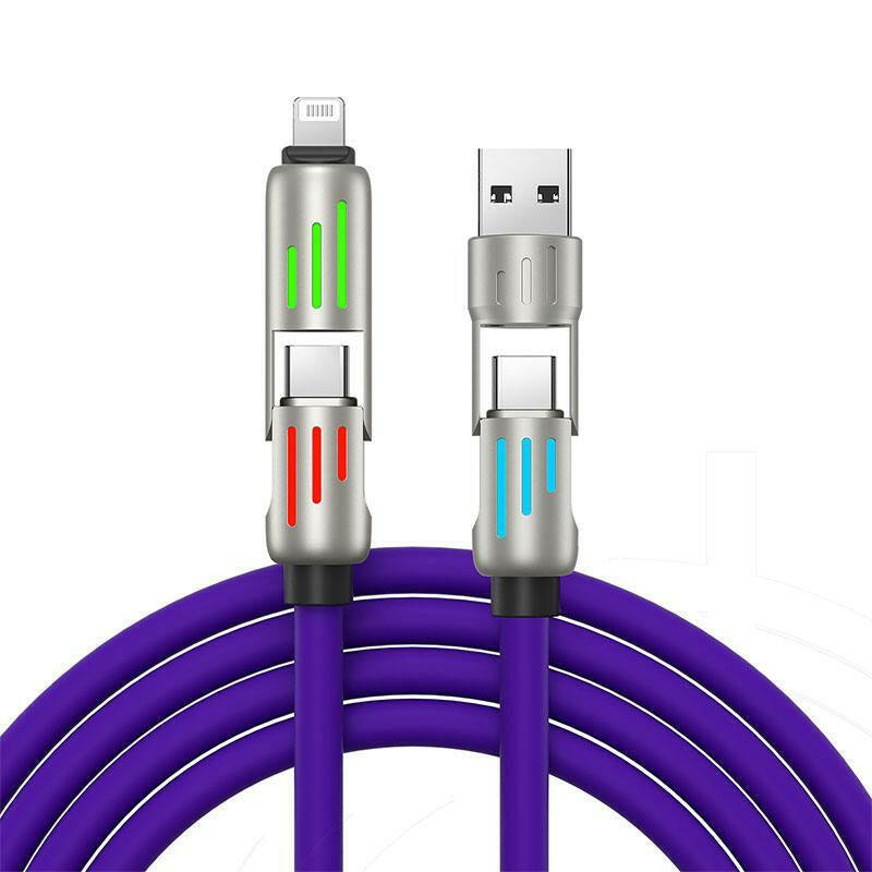 240W 4-in-1 USB-C Multi Charger Cable with Breathing Light, PD 5A Fast Charging and Data Sync for iPhone, Samsung, and Laptops.