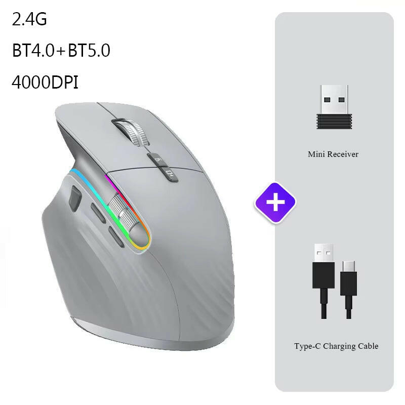 Wireless Mouse Bluetooth+2.4G Tri-Mode Mouse Mute Mice Ergonomic Gaming Mouse USB-C Rechargeable 5 DPI for Laptop PC Notebook.