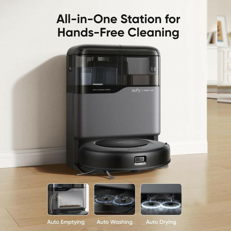Eufy Robot Vacuum Omni C20 with All-In-One Station, Auto Emptying, Mop Washing and Drying for Hands-Free Cleaning, 3.35-Inch Ultra-Slim Body, 7,000 Pa Powerful Suction, Robot Vacuum and Mop Combo.
