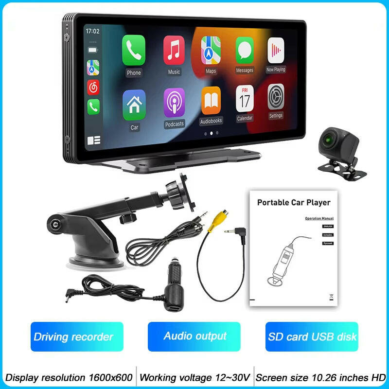 10.26-Inch Portable MP5 Multimedia Video Player with Android Auto, Wireless CarPlay, HD Rearview Camera, and Car Radio Functionality.