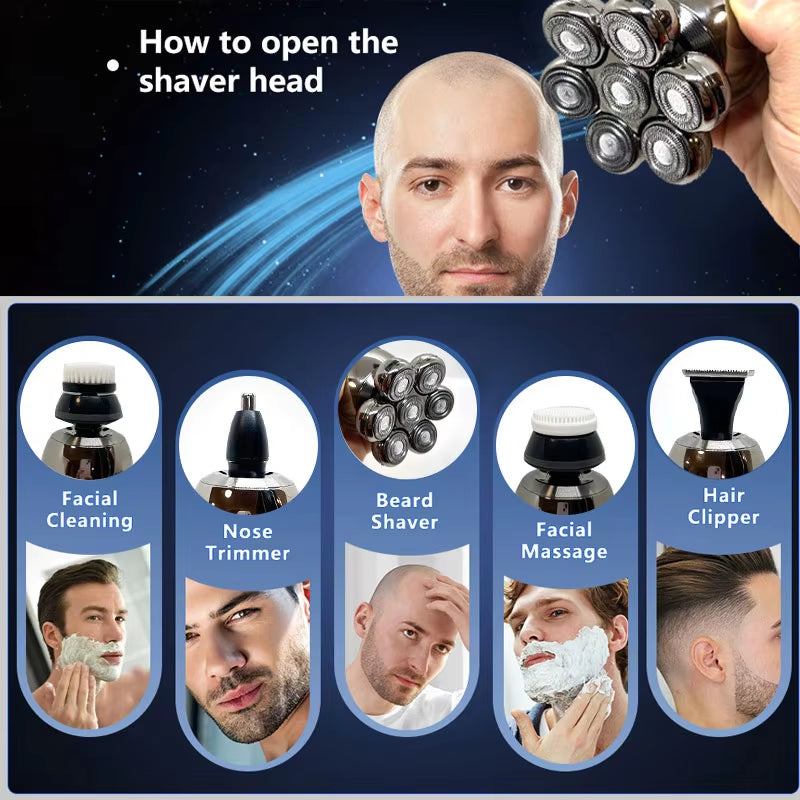 5-in-1 Electric Head Shaver for Men - Advanced 7D Floating Cutter, IPX5 Waterproof, USB Wireless Charging, and Multi-Grooming Kit.