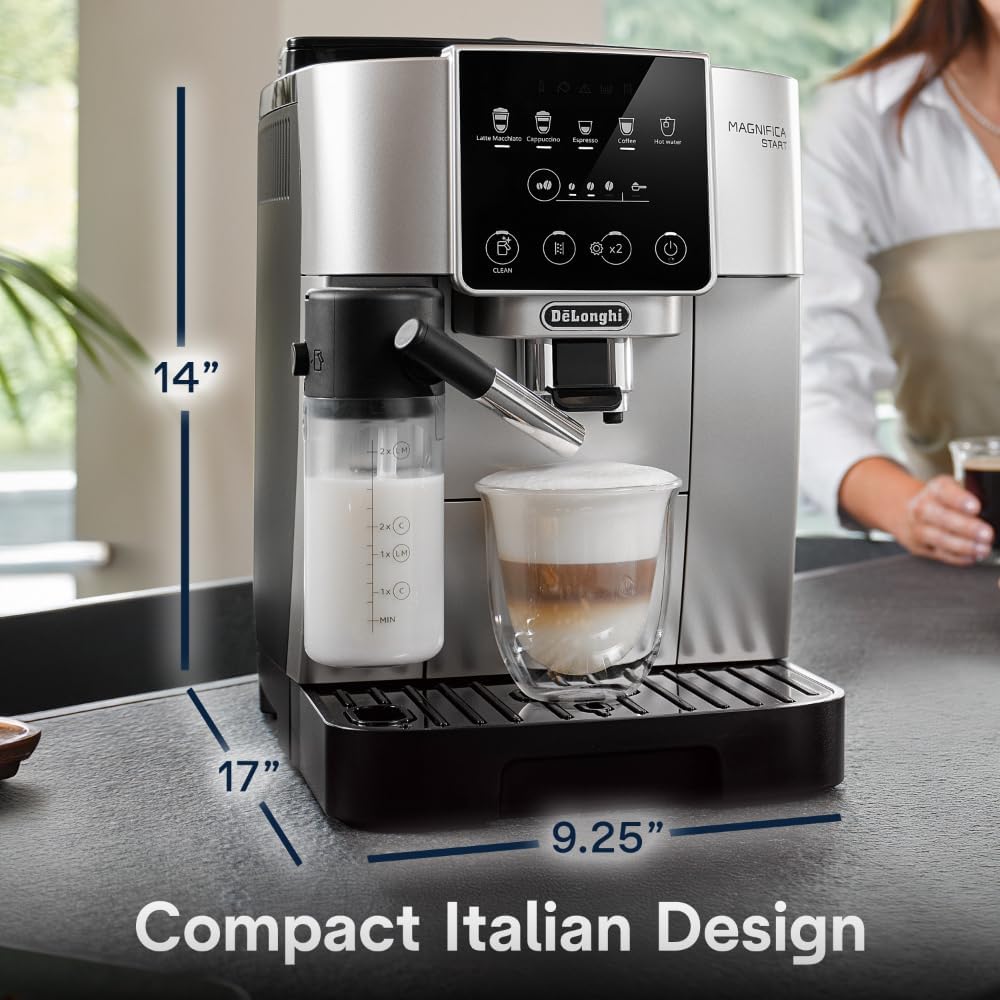 De'Longhi Magnifica Start Fully Automatic Espresso Machine with Integrated Milk Frother and Grinder – Craft Lattes, Cappuccinos, and Iced Coffee with One-Touch Convenience.