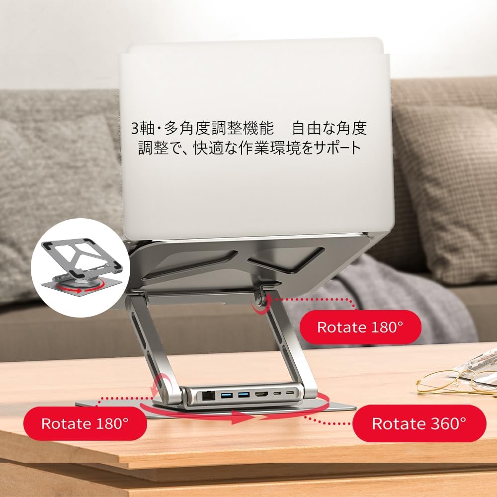 D1109A Premium Detachable Laptop Docking Station with USB Hub - 360° Rotating Base, USB 3.0, 4K@60Hz HDMI 2.0, Gigabit Ethernet, and 100W Power Delivery.
