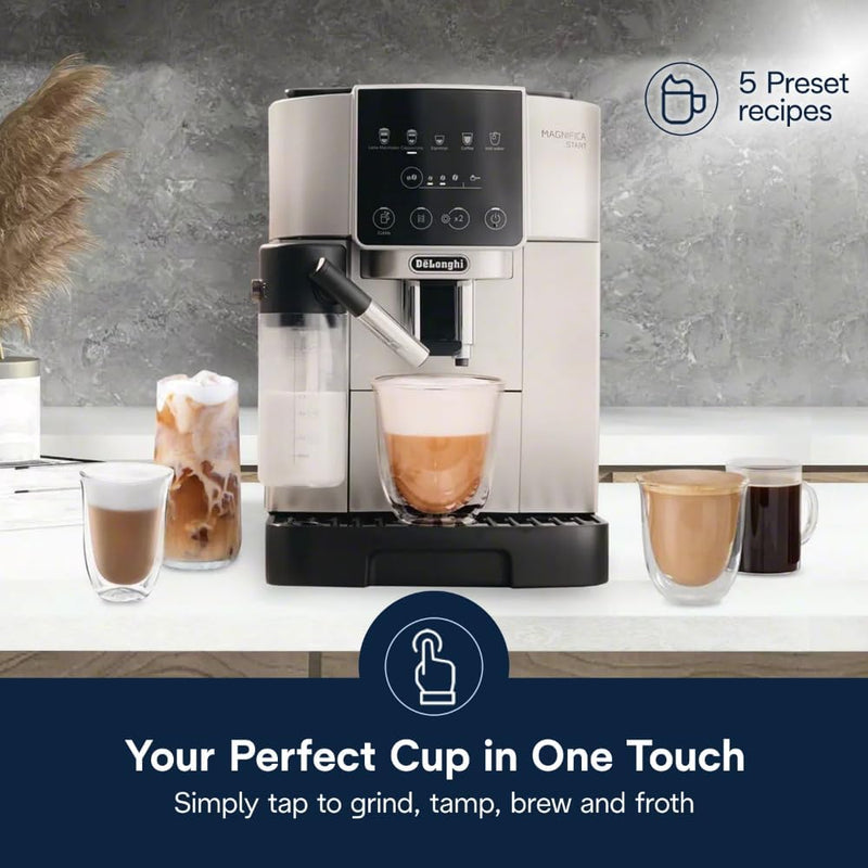De'Longhi Magnifica Start Fully Automatic Espresso Machine with Integrated Milk Frother and Grinder – Craft Lattes, Cappuccinos, and Iced Coffee with One-Touch Convenience.