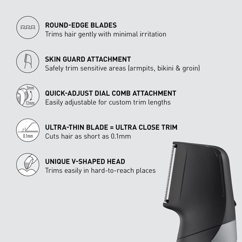 Wet/Dry Cordless Electric Body Groomer/Hair Trimmer with 2 Comb Attachments, Multi-Directional Shaving in Sensitive Areas, Black (ER-GK80-S541)