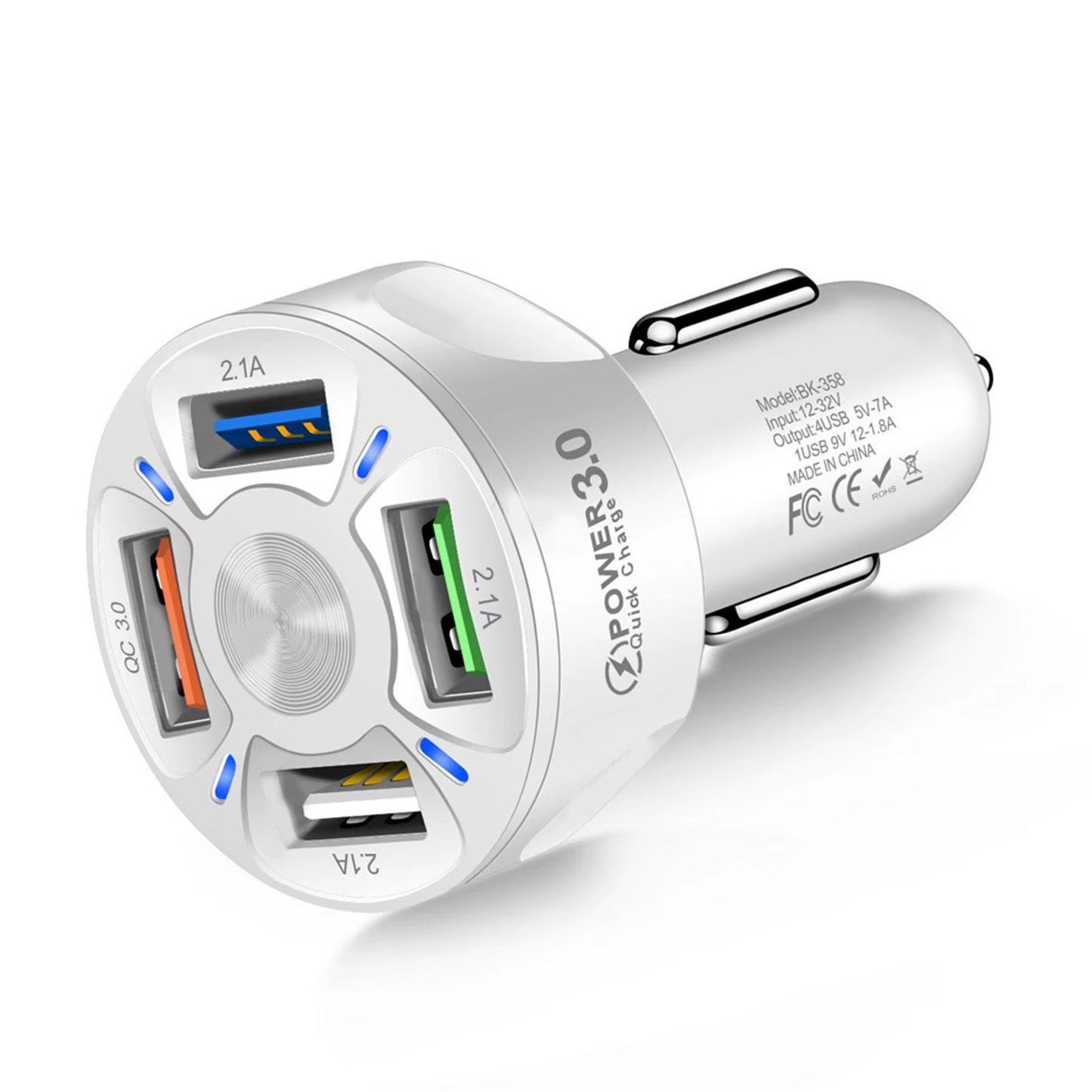 Car Charger with 4 USB Ports, Fast Charging LED Display, and QC 3.0 Adapter