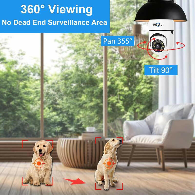 2.4G WIFI Wireless Light Bulb Security Camera with SD CARD, 3MP PTZ Full Color Night Vision, 2-Way-Audio, Motion Detection Alarm Spotlight Siren Live View Camara Para.
