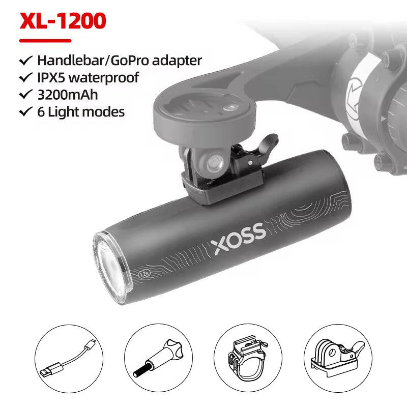 XOSS XL1200 Rechargeable Waterproof Bicycle Headlight - 200-1200 Lumen Aluminum Ultralight Front Lamp.