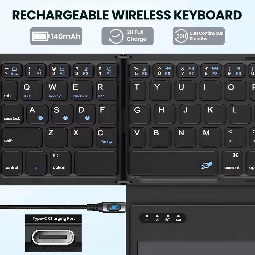 Portable Quadruple Folding Wireless Bluetooth Keyboard with Integrated Touchpad for Tablets and Smartphones across Windows, Android, and iOS Platforms.