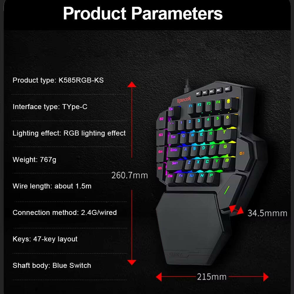 DITI ELITE K585 RGB Wireless One-Handed Mechanical Gaming Keyboard with Blue Switches and 7 Programmable Macro Keys.