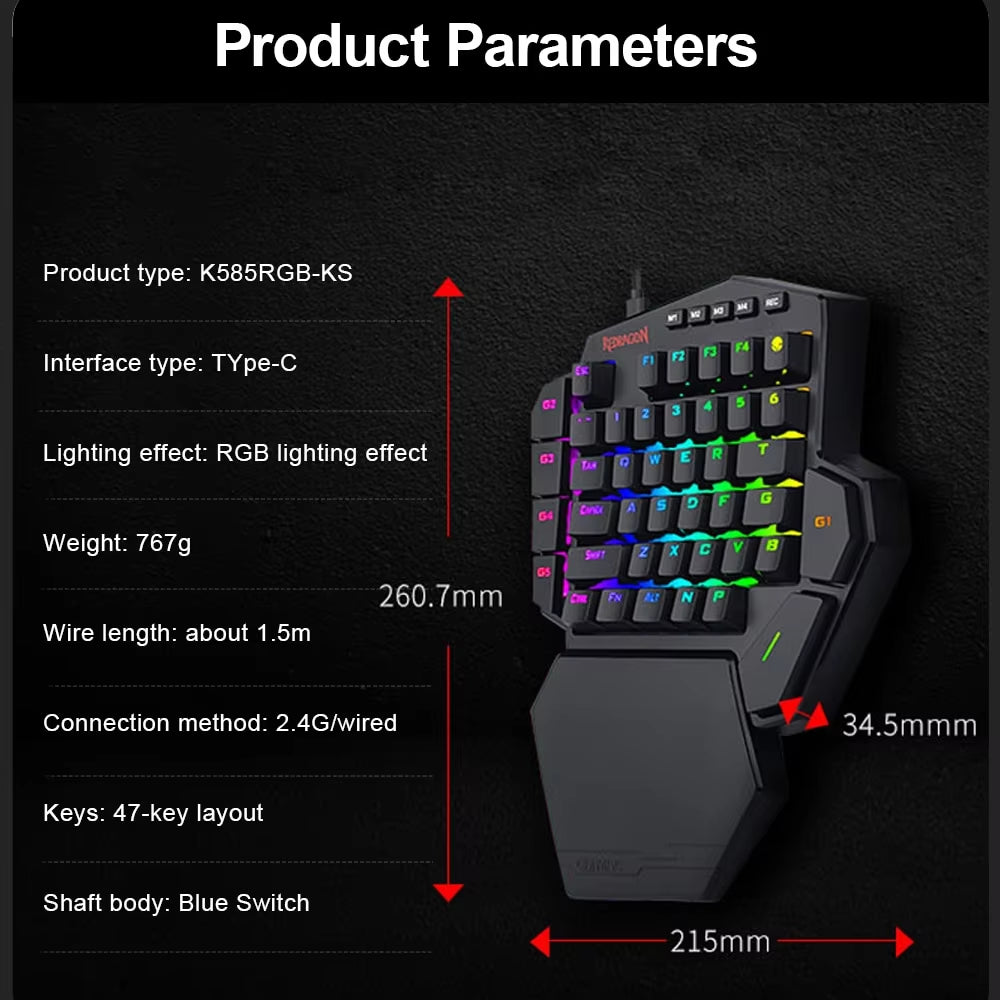 DITI ELITE K585 RGB Wireless One-Handed Mechanical Gaming Keyboard with Blue Switches and 7 Programmable Macro Keys