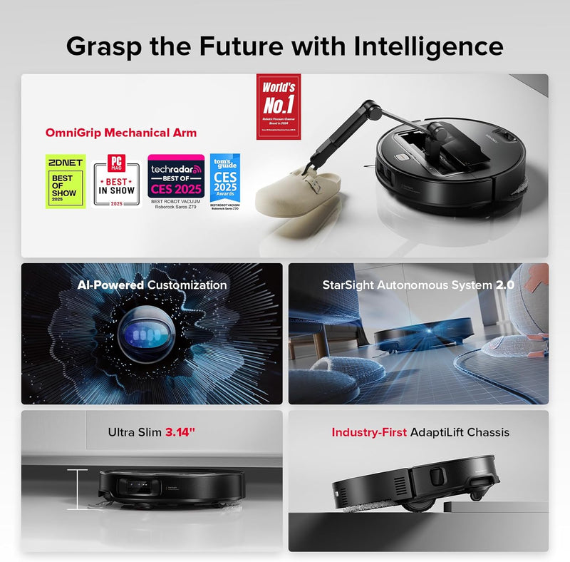 Roborock Saros Z70 AI-Powered Robot Vacuum and Mop with Omnigrip Arm, 22,000Pa Suction, Ultra Slim Design, Flexiarm Riser Technology, Adaptive Lift Chassis, Obstacle Avoidance, and Automatic Mop Washing & Drying