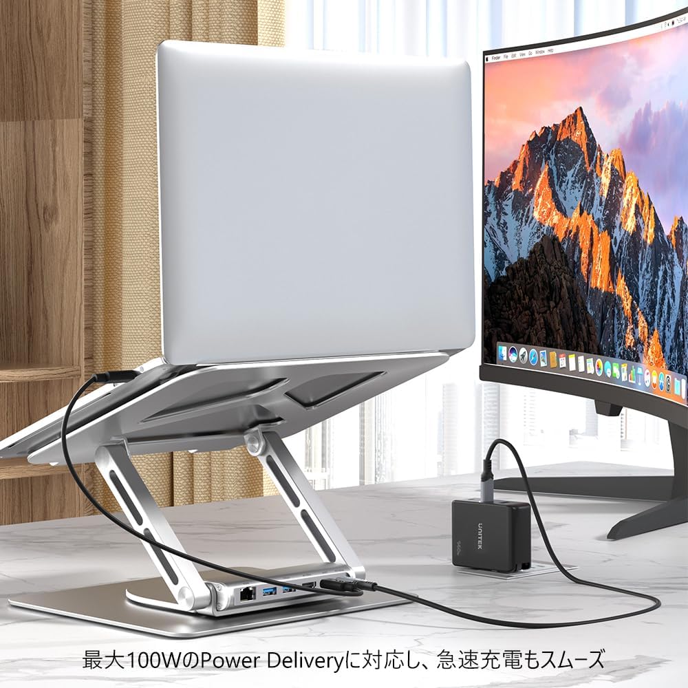 D1109A Premium Detachable Laptop Docking Station with USB Hub - 360° Rotating Base, USB 3.0, 4K@60Hz HDMI 2.0, Gigabit Ethernet, and 100W Power Delivery.