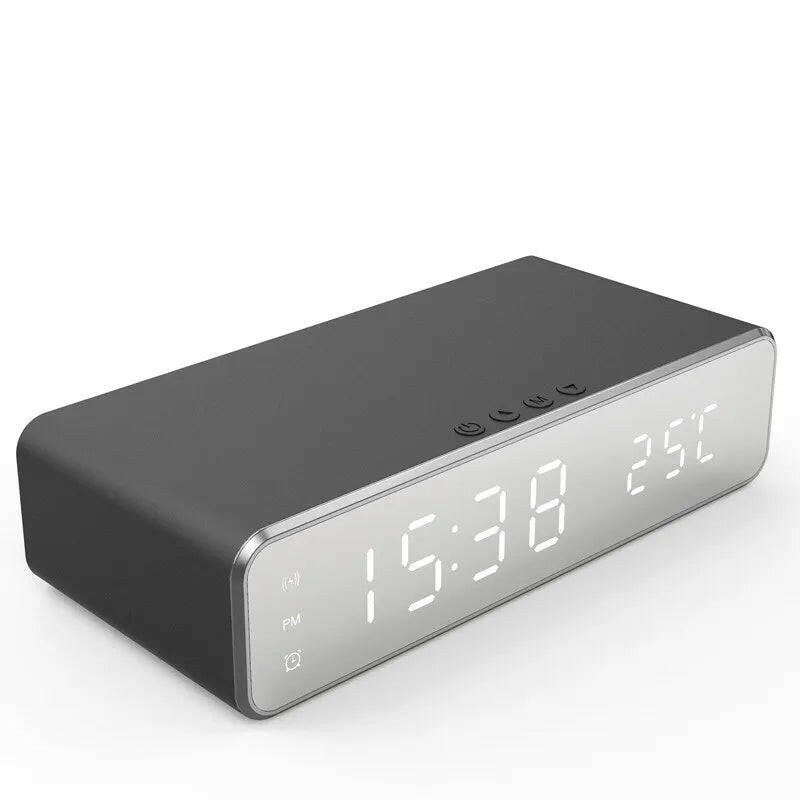 Wireless Charging Dock Station with Time Alarm Clock, LED Digital Thermometer, and Fast Charging for iPhone and Samsung Earphones.