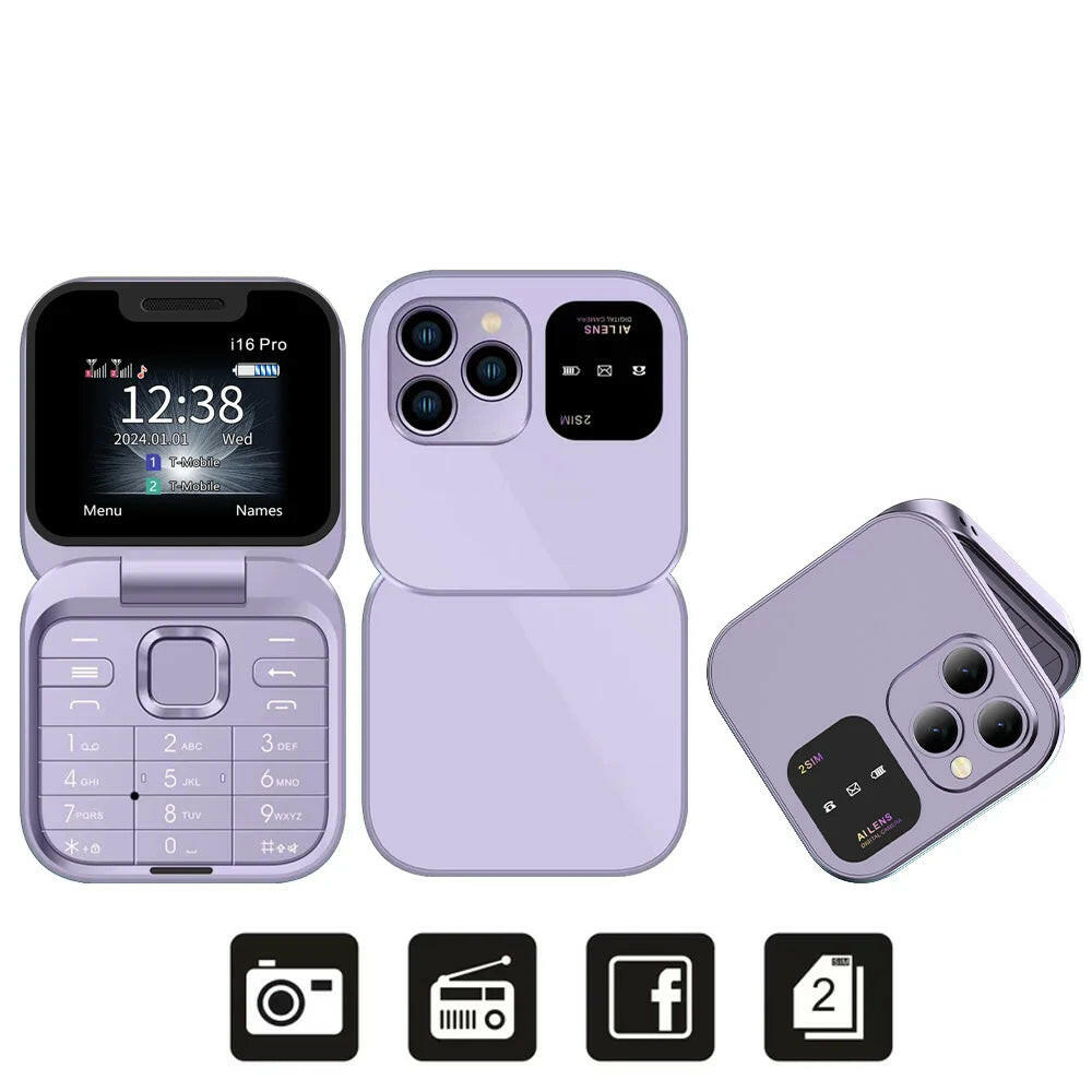 I16Pro Compact Foldable Mobile Phone with Auto Call Recording, Speed Dial, FM Radio, Dual SIM GSM Unlocked.