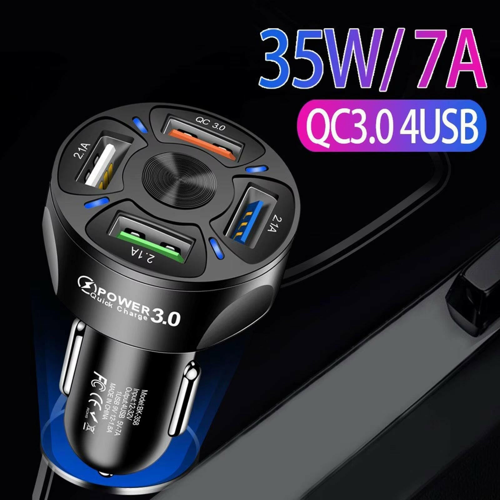 Car Charger with 4 USB Ports, Fast Charging LED Display, and QC 3.0 Adapter.