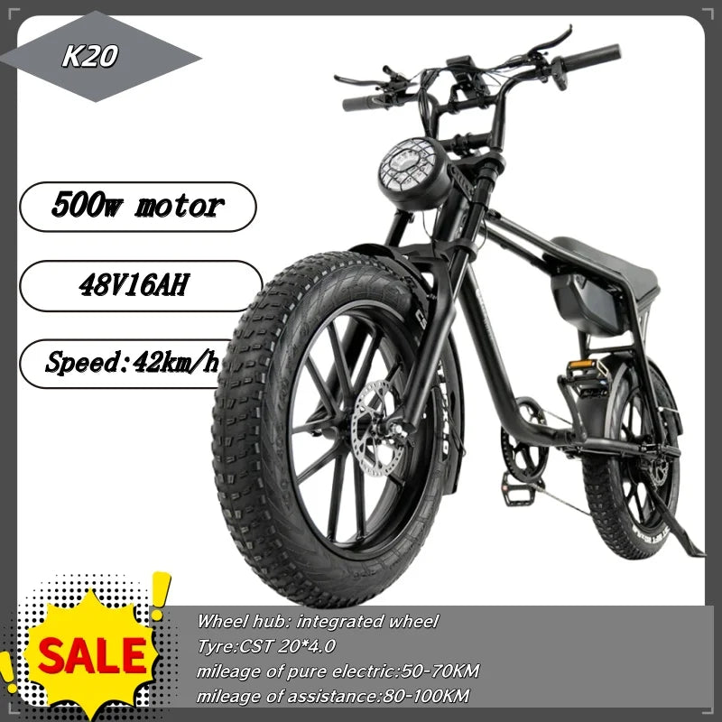 K20 Electric Bicycle Featuring a 500W Motor and 48V 16AH Lithium Battery - Urban Adult E-Bike with 20-Inch Fat Tires for Mountain Cycling