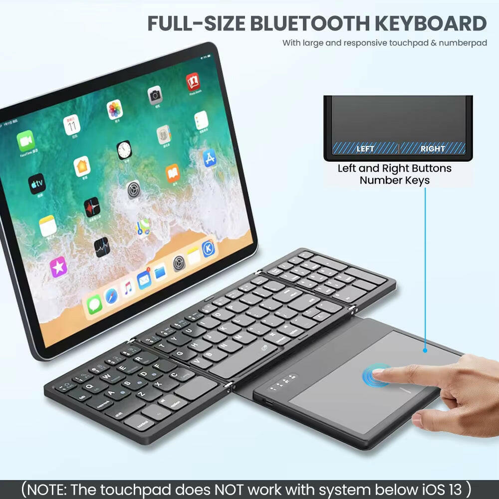 Portable Quadruple Folding Wireless Bluetooth Keyboard with Integrated Touchpad for Tablets and Smartphones across Windows, Android, and iOS Platforms.