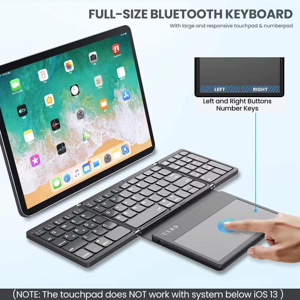 Portable Quadruple Folding Wireless Bluetooth Keyboard with Integrated Touchpad for Tablets and Smartphones across Windows, Android, and iOS Platforms